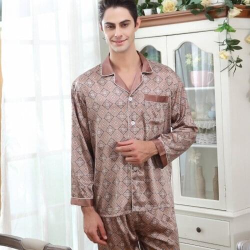 Mens Silk Sleepwear Long Sleeve Adult Silk Pyjamas Mens Pajama Sleepwear Set Loungewear Plus Striped Print Plus Size D-2165