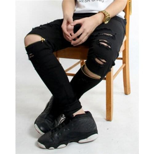 Dropshipping Fashion High Street Multi-Zipper Beggar Hole Jeans Men Elastic Slim Fit Mid Waist Biker Men Denim Pants Trousers