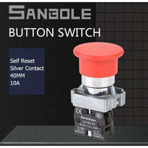 Red Mushroom XB2 Push Button Switch 10A Momentary/Reset Electric Power Supply Flat Round 1NC Waterproof Combined
