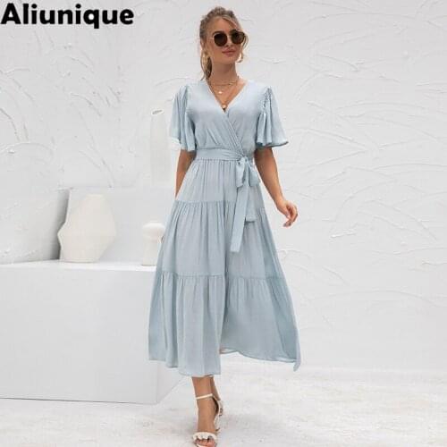 Aliunique New Sexy V-neck Patchwork Dress for Women 2021Summer Leisure Ruffle Temperament Vacation Short Sleeve High Waist Dress