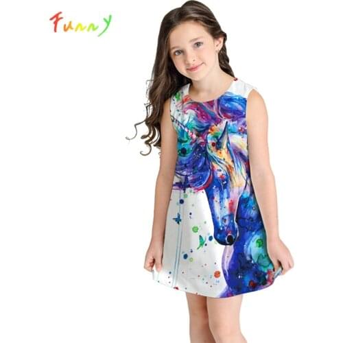 White Dress Girl Cute Cartoon Printed Unicorn Dress Sleeveless Mini A Line Princess Dress for Girls Kids Clothes 8 10 12 Years