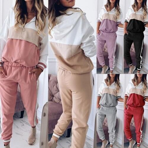 2Pcs Sport Women Color Block Zip Hoodie Elastic Waist Ankle Tied Pants Tracksuit Casual and stylish style suitable for sports
