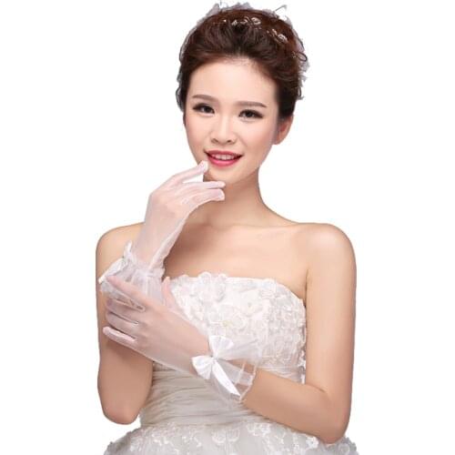 Wedding Accessories 2021 Transparent White Gloves Bride Accessories Satin Beads Satin Bow Decoration Prom Gloves For Women
