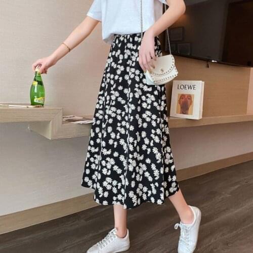 New A-Line Skirts Black Midi Skirts For Women Summer Chiffon Skirt Super Fairy Daisy Floral Print Skirts Western Style Plus Size