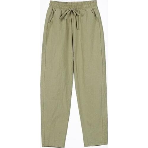 Woman Summer Harem Pants Vintage Candy Colors Cotton Linen Wide Leg Pants Solid Elastic Waist Ankle-length Capris Trousers