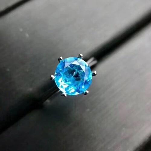 Fashion Simple round Natural blue topaz gem Ring Natural gemstone Ring 925 Sterling Silver womens Party office Ring Jewelry