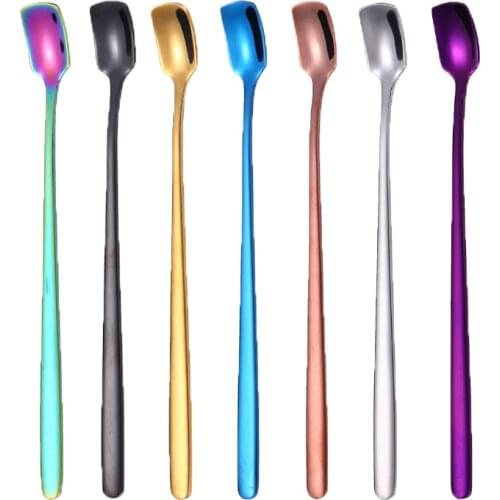 304 Stainless Steel Square Scoop Dessert Spoon Colorful Long Handle Barware Honey Coffee Stir Mug Decor Reusable Home Tableware