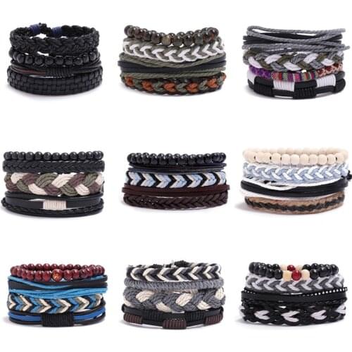 4pcs/Sets Fashion Hand-Made Braided Twine Bracelets Multi-Layer Leather Bracelet for Men Boy Charm Jewelry