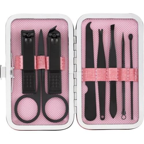 Hot 8PCS/SET Stainless Steel Black Nail Clipper Pedicure Scissor Tweezer Manicure Set Nail Care Dead Skin Remover Clipper Kit