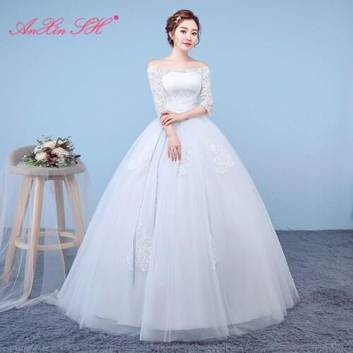 AXJFU princess flower lace white wedding dress party vintage illusion boat neck half sleeve blue bow bride wedding dress