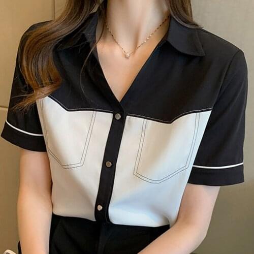 Korean Style Fashion V Neck Blouses Women 2021 Summer Chiffon Blouse Woman Office Short Sleeve Blusas Ladies Shirt Tops Clothes
