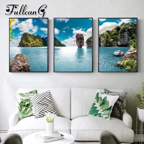 FULLCANG 5d diy diamond embroidery sale Island natural scenery painting triptych full square round drill home decoration FC3540