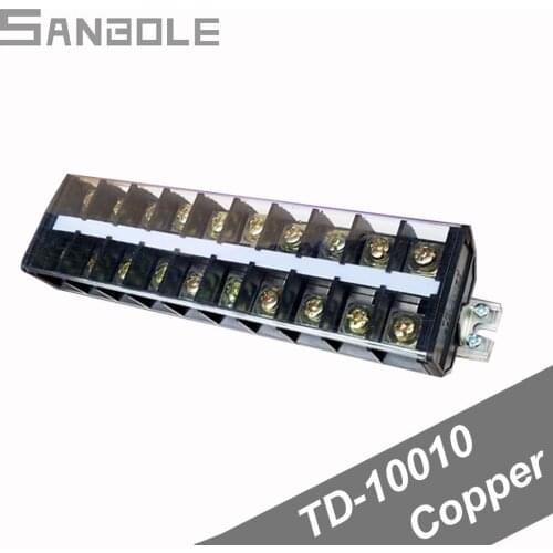 Copper TD-10010 Terminal Block 100A/10P Connection Dual Row Connector Plate with protection cover screws DIN rail