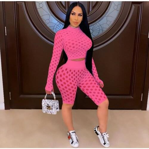 Sexy Hollow Out See Through Solid Two Piece Set Women Sportswear Long Sleeve Crop Top + Biker Shorts Club Matching Set Outfits