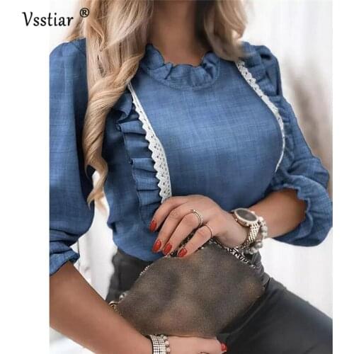 Ruffles Blouse New Fashion Women O Neck Casual Party Shirts Sexy Elegant Lace Patchwork Office Work Ladies Tops Plus Size