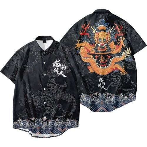 Summer New Holiday Beach Shirt Men Short Sleeve Black Dragon Printing Male Hawaiian Turn-down-collar Shirts Camisa Masculina