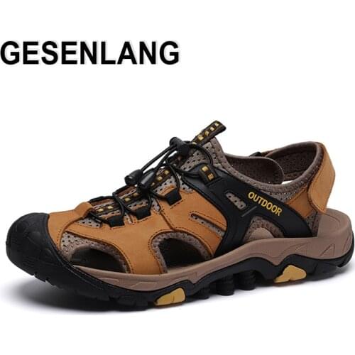 Autumn Mens Outdoor Hiking Sandals Breathable Cowhide Walking Closed Toe Fisherman Shoes Quick Drying Non-skid Male Beach Shoes