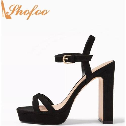 Black Flock High Chunky Heels Platform Women Sandals Woman Open Square Toe Large Size 14 15 Ladies Summer Fashion Shoes Shofoo