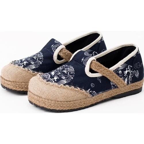 YourSeason Handmade Thailand Totem Embroidered Ladies Casual Cotton Linen Shoes Navy Slip-On Vintage Women Flat Sneakers Loafers