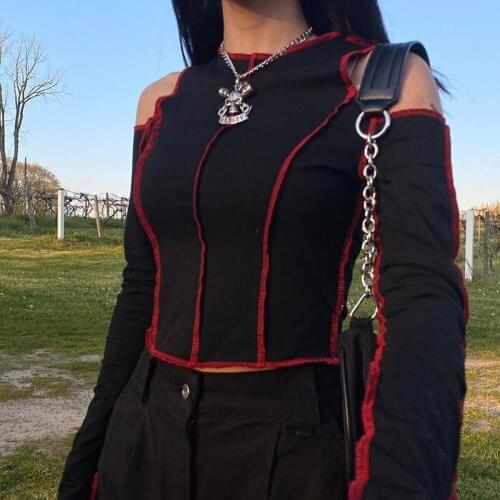 Zoulv Spring Round Neck Off-shoulder T-shirt Punk Streetwear Gothic Tee Hollow Out Fashion Clothes Women Long Sleeve Crop Tops