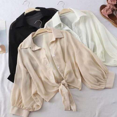 Neploe Batwing Sleeve Chiffon Blouses Women 2021 Summer See Through Buttoned Up Top Korean Elegant Cropped Sun Protection Shirts