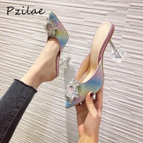 Pzilae 2020 women Crystal heels pumps sandals multi color elegant bling rhinestone pointed toe perspex high heels shoes size 41