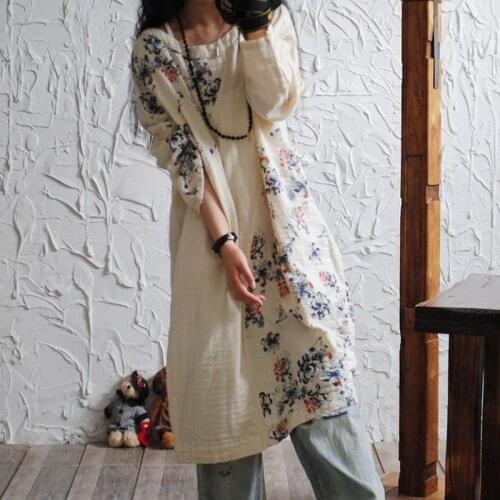 Johnature Women Cotton Line Dresses O-Neck Long Sleeve Print Floral Loose Clothes 2021 Spring New Chinese Style Vintage Dress