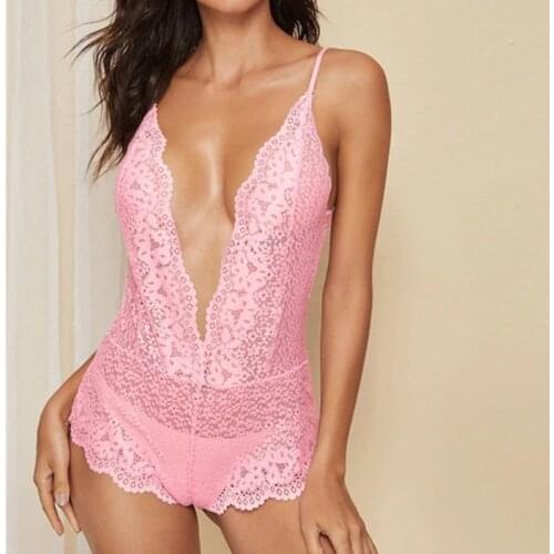 Womens Teddy Lingerie Deep V Neck Erotic Bodysuit Hollow Out Lace Open Back Nightgown Spaghetti Straps Babydoll Nightwear