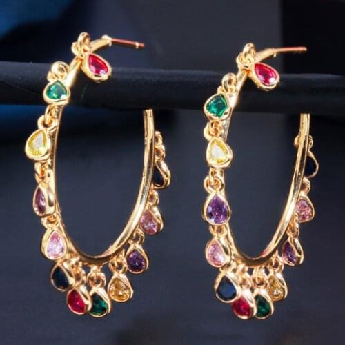 Zlxgirl AAA Water drop shape Cubic Zircon Bridal Wedding earrings Women Gold Color Big Tassel Hoop Earrings couple ears bijoux