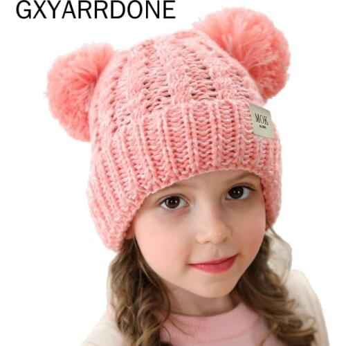 1pcs 2019 Kids Winter Hat Double Pom Pom Hat Baby Boy Girls Knitted Fleece Beane Hat Child Winter Soft Warm Ear Cap Pink Yellow