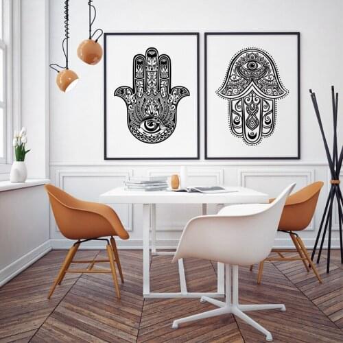 Black and White Abstract Wall Art Hand Drawn Ornate Amulet Hand of Fatima Print Hand Canvas Painting Poster Arab Home Decor