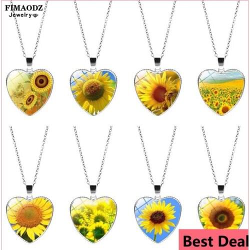 FIMAODZ Yellow Sunflower Necklace for Women Art Flower Painting Glass Cabochon Heart Pendant Silver Chain Plant Jewelry