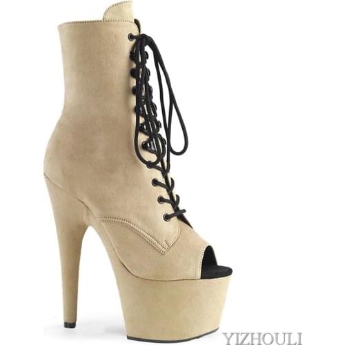 15cm heels, low-heeled dinner boots, 6-inch fishmouth suede heels with open toes, ankle boots for nightclub pole dancing