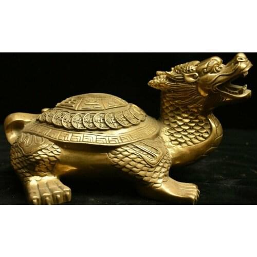 Chinese Copper Brass Fengshui Dragon Tortoise Loong Turtle God Beast Coin Statue