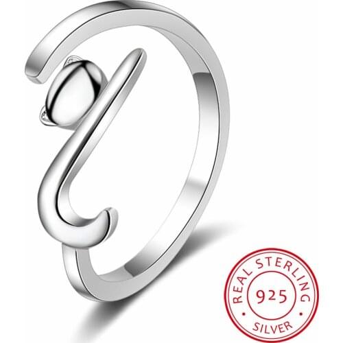 100% 925 Sterling Silver Sticky Cat with Long Tail Finger Rings for Women Adjustable Engagement Ring Wedding Party Jewelry
