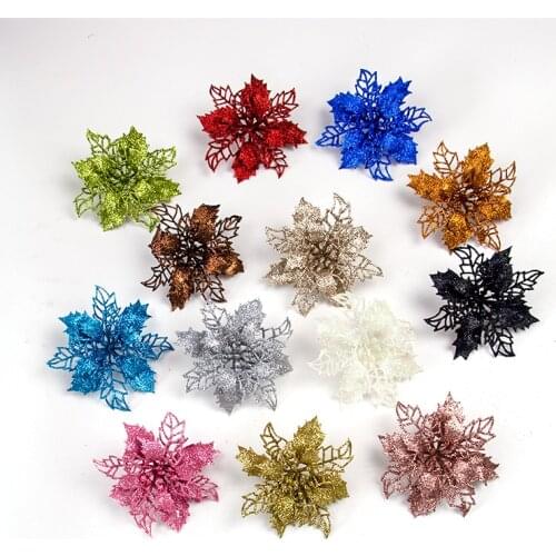 10pcs Beautiful Glitter Christmas Flower Artificial Flowers Merry Christmas Decorations for Home Tree Ornaments New Year Gift