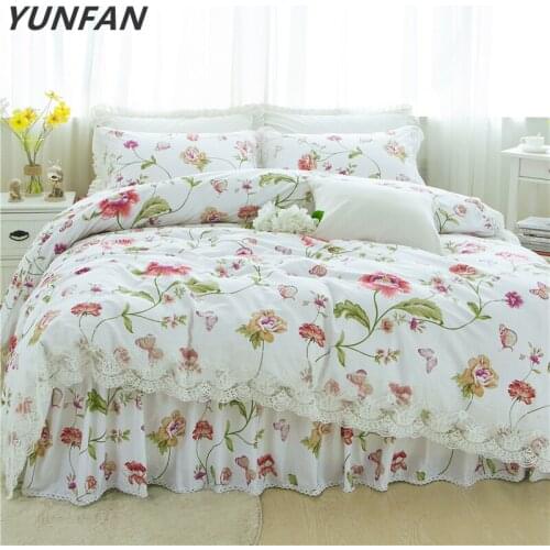 Summer Pink Flowers White Bedding Sets Queen King Double Twin Size Egyptian Cotton bed skirt Duvet Cover Sheet Pillow Cases