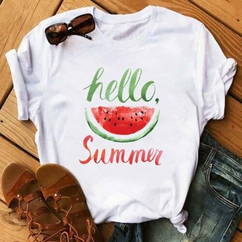 Harajuku Summer Watercolor Women T Shirt Cartoon Hello Summer Letters Printed Ladies T-shirts Casual Woman Shirt Funny Tee Shirt