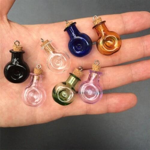 Button Shaped Mini Glass Bottles With Metal Loop Corks DIY Small Art Jars Cute Gifts Vials Pendants Mixed 7 Colors 10 Sets