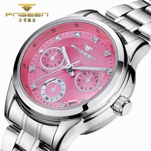 Montre Femme Fashion Womens Watches Fully Automatic Mechanical Skeleton Wristwatch Waterproof Calendar Pink Watches Kadin Saats