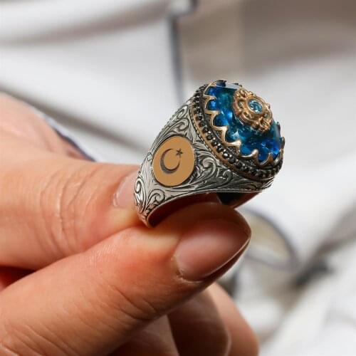 Embroidered Blue Zircon Stone Motif the Moon the stars Silver Men 'S Ring