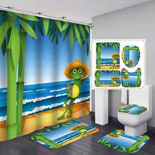 Holiday Frog Beach Scenery Waterproof Shower Curtain Rug Set Non-slip Bath Mat Toliet Lid Cover Seat Bathroom Screen with Hooks