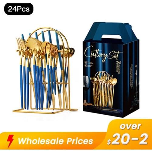 24Pieces Stainless Steel Blue Gold Cutlery Set Steak Knife Fork Coffee Dessert Spoon With Flatware Storage Rack Dinnerware Set