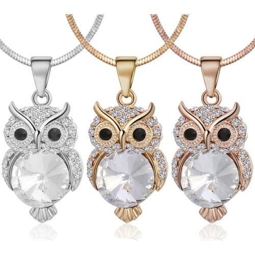 Rose Color New Fashion Snake Chain Crystal Necklace Sweater Jewelry Fashion Small Cute Owl Bird Pendant For Women Gift