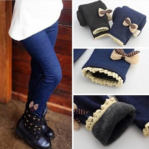 Autumn Winter Warm Thick Lace Bow Girls Leggings Kids Trousers Children Jean Pants