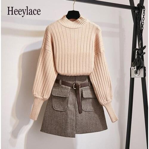 Autumn Winter Knitted Puff Sleeve Sweater Top And Tweed Woollen Plaid High Waist Pockets Mini Skirts Sets Korean Casual Outfits