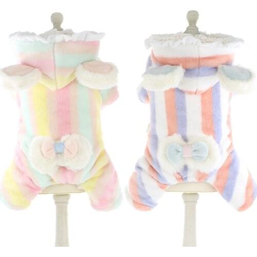 Autumn/Winter Outfit MultiColor Stripe Parkas Coat Thicken Warm Dog Clothes Puppy Teddy Yorkshire Clothing BowKnot Hoodie jacket