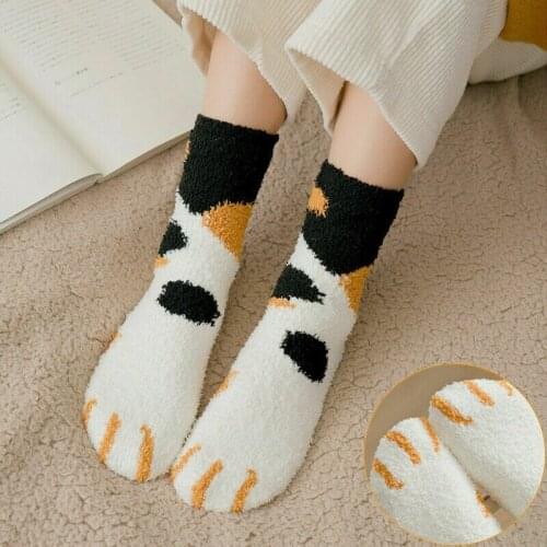 Plush coral fleece socks female tube socks 2020 New Spring cat claws cute thick warm sleeping floor sleep socks lady