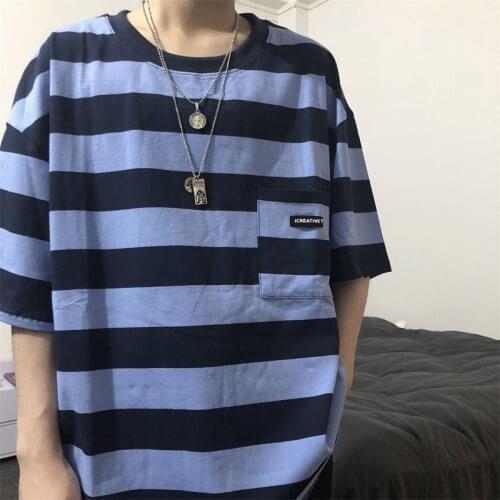 Hot Hip Hop Stripe Youthful Vitality Short Slevees t Shirt Harajuku Loose Unisex Punk Style Casual Top Kpop Pullover Streetwear