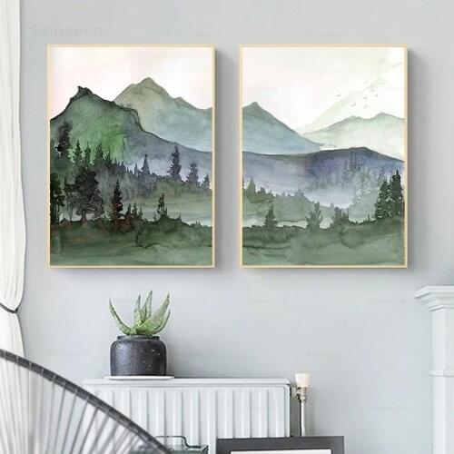 Nature Mountains Watercolor Wall Art Canvas Painting Evergree Trees Landscape Posters and Prints Wall Pictures Home Room Decor